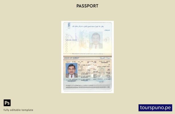 Plantilla de pasaporte de Kuwait lista para imprimir